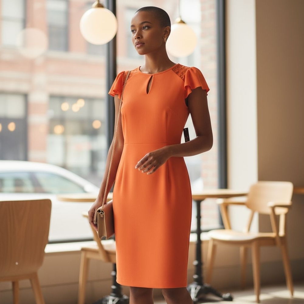 New York & Company Vibrant Orange Midi Dress, Orange, Size L - Picture 2 of 9